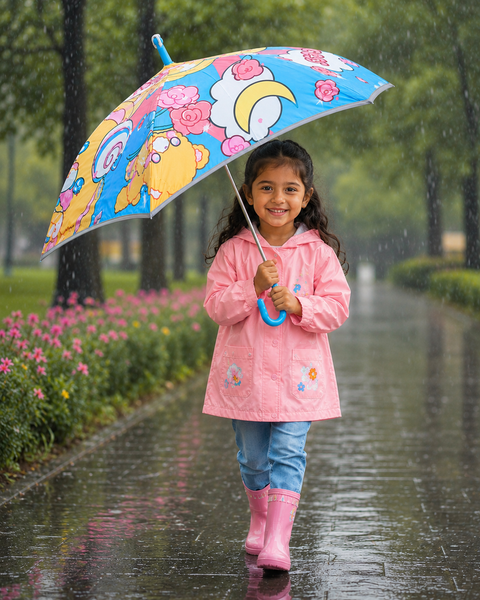 Kids Random Print Light-Blue Umbrella with Safe Rounded Edge & Rolling Wheel