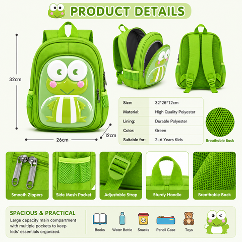 Cute 3D Frog Kids Backpack School Bag for Boys n Girls