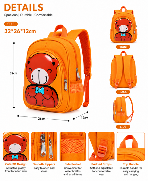 Cute 3D Bear Kids Backpack School Bag for Boys n Girls