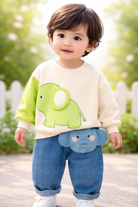 Kids Elephant Themed Sweatshirt & Denim Pant Set