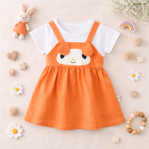 Girls Dog Face Flared One Piece Casual Dress