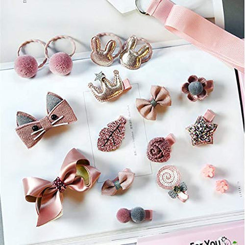 Fancy Cute Baby Safe Gift Set of 18 Pieces Head wear Hair Band Clips Accessories Combo Gift Set for Newborn Infant Toddler Baby Girls (Matt Pink)