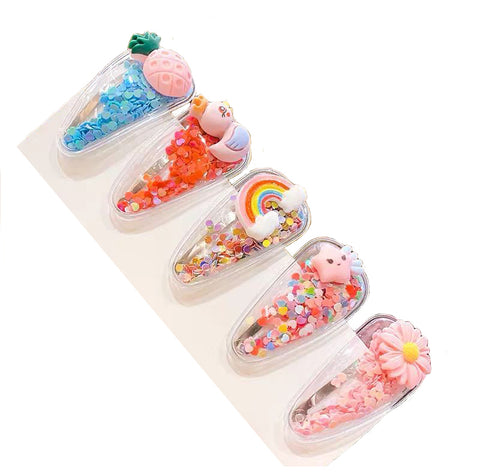 Cartoon Sparkle Glitter Tic Tac Hairpin Hairclip Fancy Large Hair Snap Barrette Accessories for Girls (Rainbow - Pack of 5)