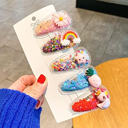Cartoon Sparkle Glitter Tic Tac Hairpin Hairclip Fancy Large Hair Snap Barrette Accessories for Girls (Rainbow - Pack of 5)