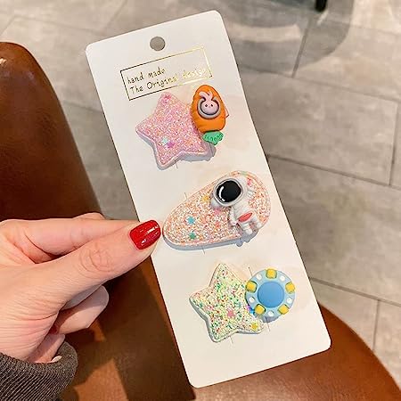 Little Astronaut Rocket Space Star Sparkle Glitter Tic Tac Hairpin Hairclip Fancy Alligator Hair Clip Barrette Hair Accessories for Girls (Carrot Rocket - Pack of 3)