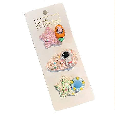Little Astronaut Rocket Space Star Sparkle Glitter Tic Tac Hairpin Hairclip Fancy Alligator Hair Clip Barrette Hair Accessories for Girls (Carrot Rocket - Pack of 3)