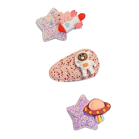 Little Astronaut Rocket Space Star Sparkle Glitter Tic Tac Hairpin Hairclip Fancy Alligator Hair Clip Barrette Hair Accessories for Girls (White Rocket - Pack of 3)