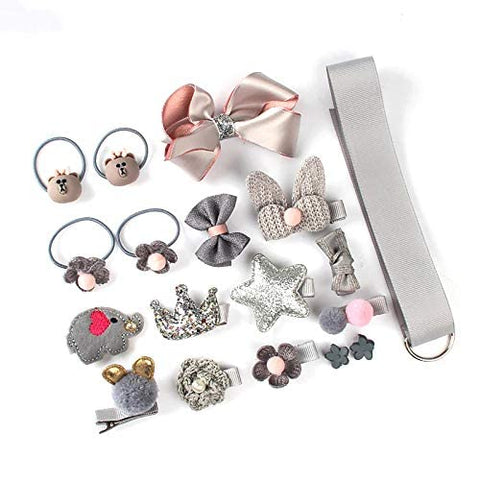 Fancy Cute Baby Safe Gift Set of 18 Pieces Head wear Hair Band Clips Accessories Combo Gift Set for Newborn Infant Toddler Baby Girls (Grey)