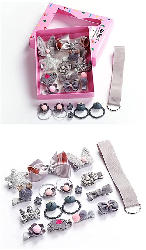Fancy Cute Baby Safe Gift Set of 18 Pieces Head wear Hair Band Clips Accessories Combo Gift Set for Newborn Infant Toddler Baby Girls (Grey)