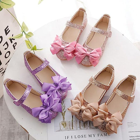 Girl's Fancy Sparkle Glitter Shiny PU Leather Partywear Sandal Belly Shoes with Bow Stylish Footwear for Infant Toddler Young Girls