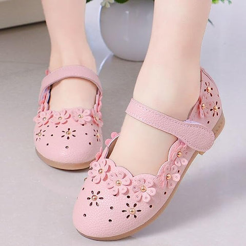 Girl's Latest PU Leather Fancy Partywear Ballerina Belly Sandal Shoes with Gold Bead Floral Cutwork Footwear for Infant Toddler Little Girls