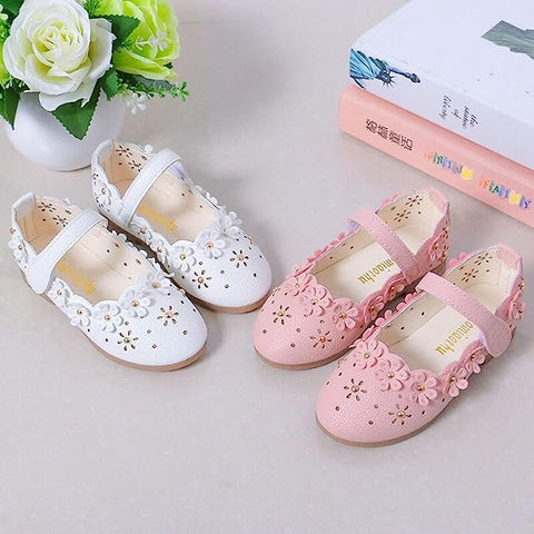 Girl's Latest PU Leather Fancy Partywear Ballerina Belly Sandal Shoes with Gold Bead Floral Cutwork Footwear for Infant Toddler Little Girls