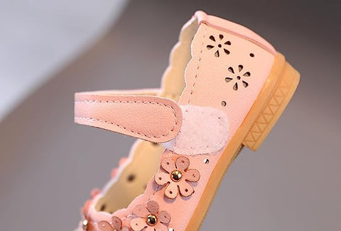 Girl's Latest PU Leather Fancy Partywear Ballerina Belly Sandal Shoes with Gold Bead Floral Cutwork Footwear for Infant Toddler Little Girls
