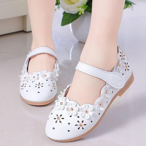 Girl's Latest PU Leather Fancy Partywear Ballerina Belly Sandal Shoes with Gold Bead Floral Cutwork Footwear for Infant Toddler Little Girls