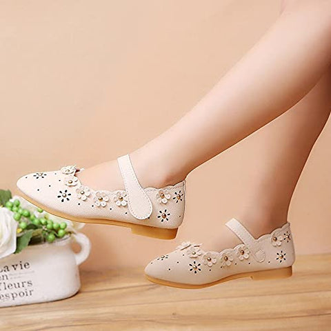 Girl's Latest PU Leather Fancy Partywear Ballerina Belly Sandal Shoes with Gold Bead Floral Cutwork Footwear for Infant Toddler Little Girls