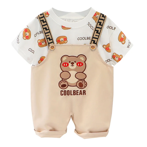 Kid's Bear Print T-Shirt with Dungaree Shorts Little Man Party Clothes for Baby Boys