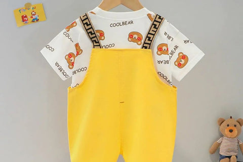 Kid's Bear Print T-Shirt with Dungaree Shorts Little Man Party Clothes for Baby Boys
