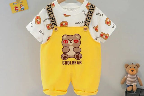 Kid's Bear Print T-Shirt with Dungaree Shorts Little Man Party Clothes for Baby Boys