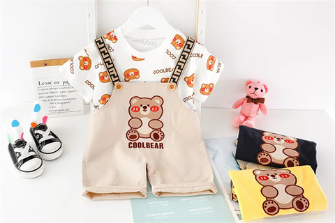 Kid's Bear Print T-Shirt with Dungaree Shorts Little Man Party Clothes for Baby Boys