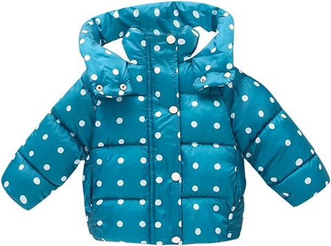 Girls Polka Dot Duck Print Winter Warm Quilted Bomber Hood Jacket Coat