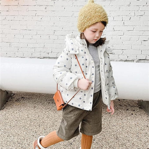 Girls Polka Dot Duck Print Winter Warm Quilted Bomber Hood Jacket Coat