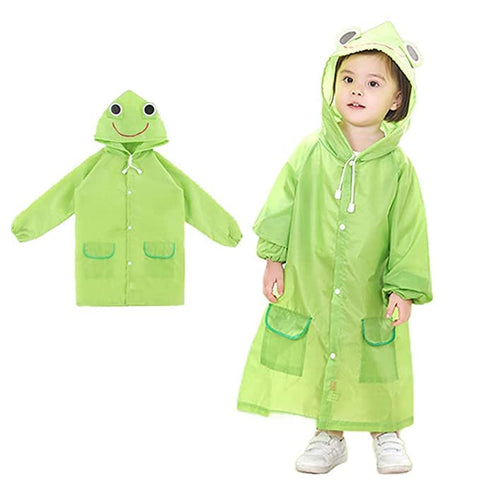 Kid's Green Cartoon Frog Waterproof Raincoat Rain Jacket Suit with Hood and Storage Pouch for Young Toddler Tween School Boys and Girls