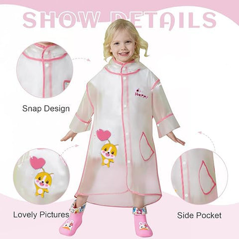 Kids Hooded Pink Raincoat with Storage Pouch