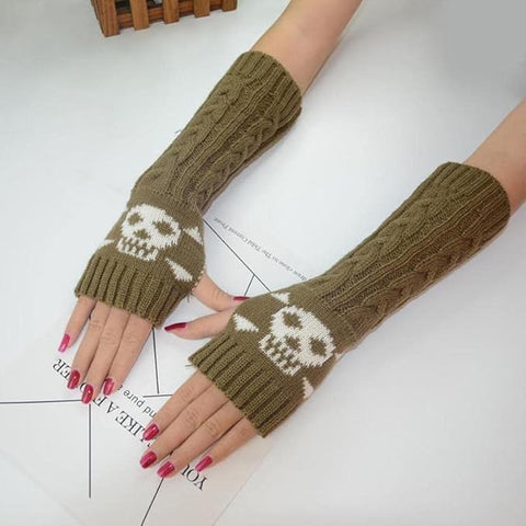 Long Extended Skull Embroidery Woolen Warm Fingerless Gloves Hand Arm Warmer Winter Accessories for Girls