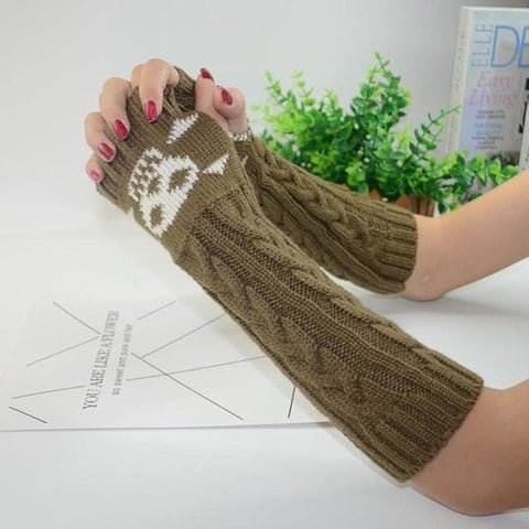 Long Extended Skull Embroidery Woolen Warm Fingerless Gloves Hand Arm Warmer Winter Accessories for Girls