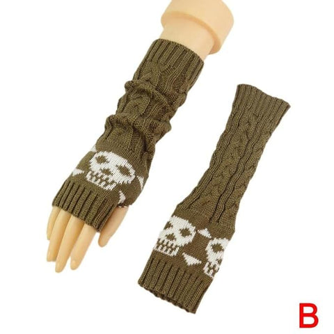 Long Extended Skull Embroidery Woolen Warm Fingerless Gloves Hand Arm Warmer Winter Accessories for Girls
