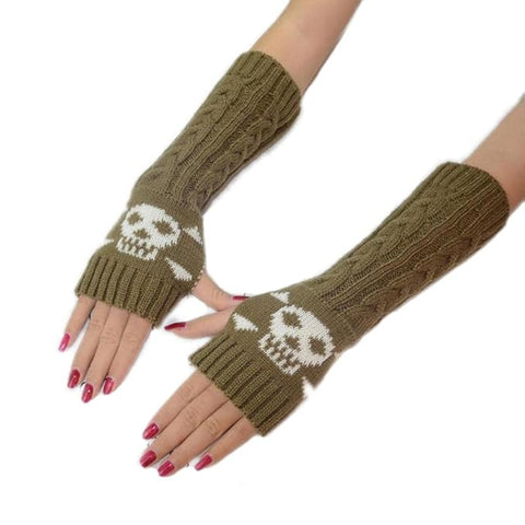 Long Extended Skull Embroidery Woolen Warm Fingerless Gloves Hand Arm Warmer Winter Accessories for Girls