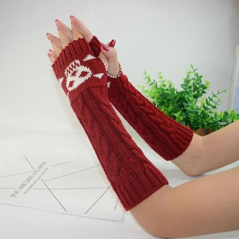 Long Extended Skull Embroidery Woolen Warm Fingerless Gloves Hand Arm Warmer Winter Accessories for Girls