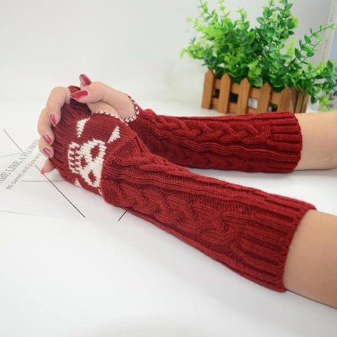 Long Extended Skull Embroidery Woolen Warm Fingerless Gloves Hand Arm Warmer Winter Accessories for Girls