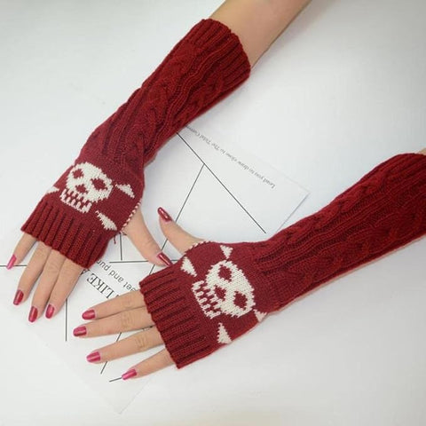 Long Extended Skull Embroidery Woolen Warm Fingerless Gloves Hand Arm Warmer Winter Accessories for Girls