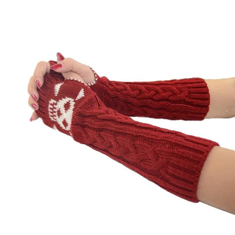 Long Extended Skull Embroidery Woolen Warm Fingerless Gloves Hand Arm Warmer Winter Accessories for Girls