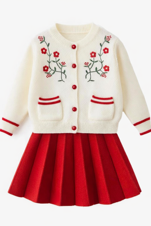 Girl's Woolen Embroidered Sweater Top With Midi Skirt
