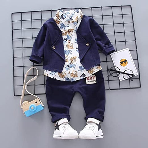 Kids Floral Print Boys Blazer Jacket attached Shirt and Pant Party Clothing Set for Boys
