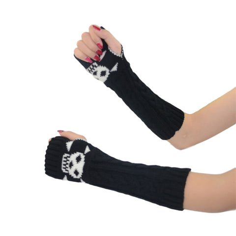 Long Extended Skull Embroidery Woolen Warm Fingerless Gloves Hand Arm Warmer Winter Accessories for Girls