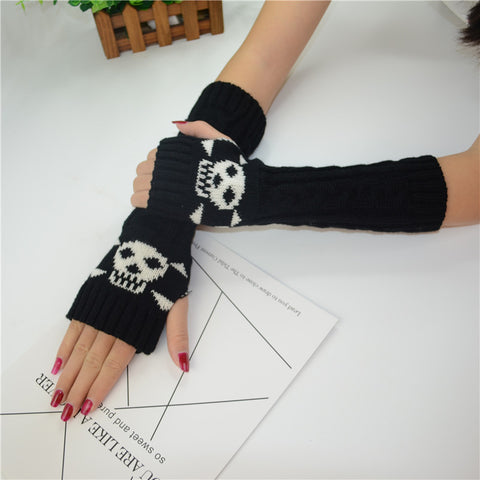 Long Extended Skull Embroidery Woolen Warm Fingerless Gloves Hand Arm Warmer Winter Accessories for Girls
