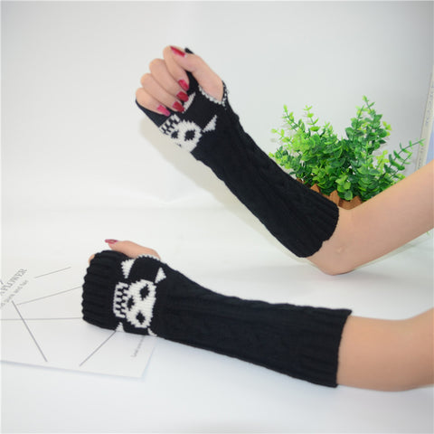 Long Extended Skull Embroidery Woolen Warm Fingerless Gloves Hand Arm Warmer Winter Accessories for Girls