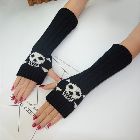 Long Extended Skull Embroidery Woolen Warm Fingerless Gloves Hand Arm Warmer Winter Accessories for Girls