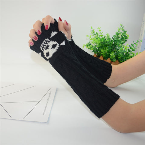 Long Extended Skull Embroidery Woolen Warm Fingerless Gloves Hand Arm Warmer Winter Accessories for Girls