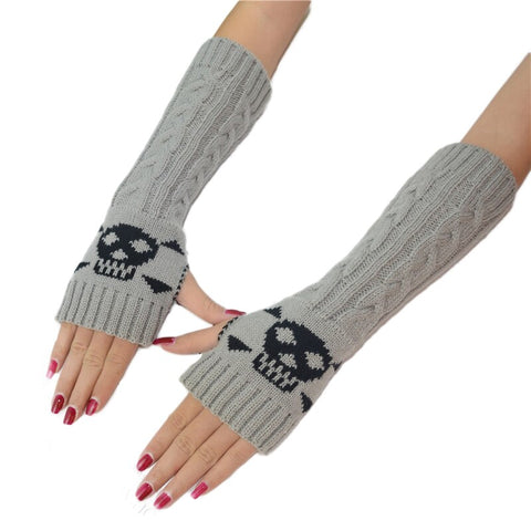 Long Extended Skull Embroidery Woolen Warm Fingerless Gloves Hand Arm Warmer Winter Accessories for Girls