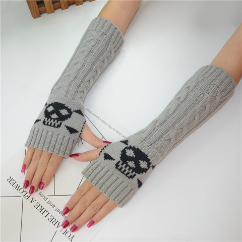 Long Extended Skull Embroidery Woolen Warm Fingerless Gloves Hand Arm Warmer Winter Accessories for Girls