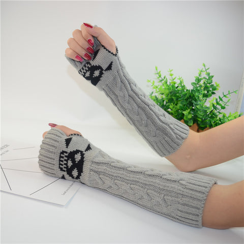 Long Extended Skull Embroidery Woolen Warm Fingerless Gloves Hand Arm Warmer Winter Accessories for Girls