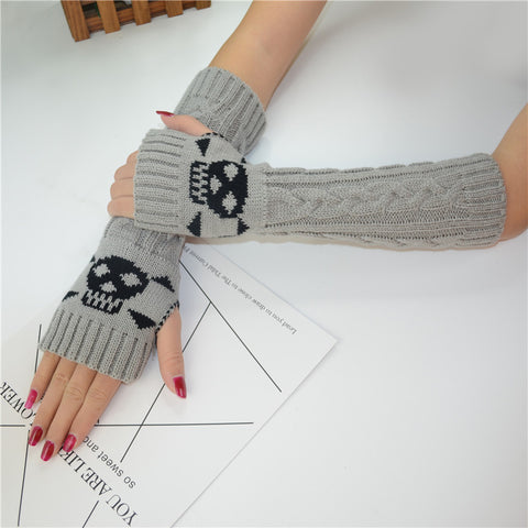 Long Extended Skull Embroidery Woolen Warm Fingerless Gloves Hand Arm Warmer Winter Accessories for Girls