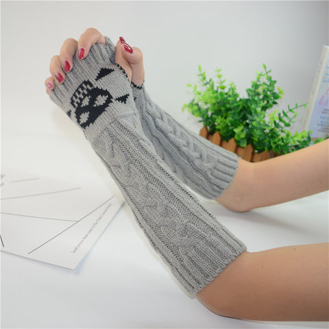 Long Extended Skull Embroidery Woolen Warm Fingerless Gloves Hand Arm Warmer Winter Accessories for Girls