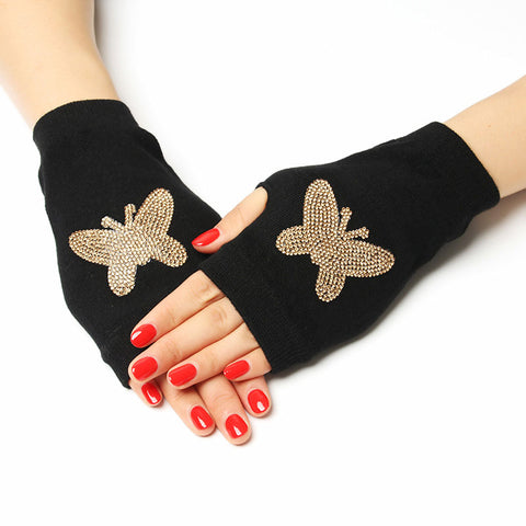 Winter Warm Glitter Embroidery Embellished Fingerless Gloves Mitts Wristlet Wrist Hand Warmer