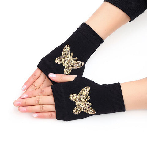 Winter Warm Glitter Embroidery Embellished Fingerless Gloves Mitts Wristlet Wrist Hand Warmer