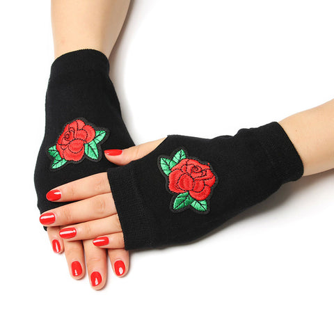 Winter Warm Glitter Embroidery Embellished Fingerless Gloves Mitts Wristlet Wrist Hand Warmer